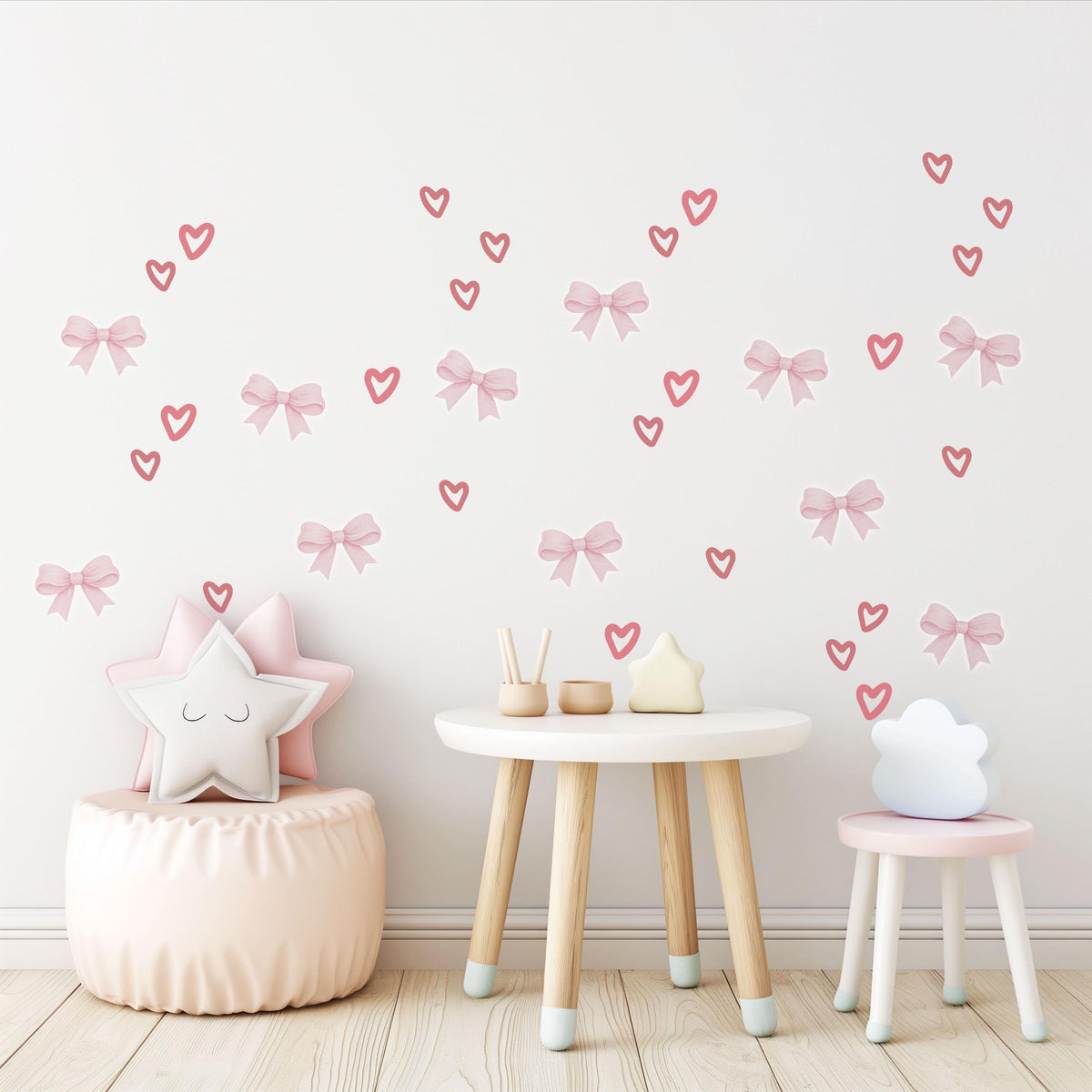Pink Bow Wall Stickers, Coquette Heart Nursery Decor, Bow and Heart Wall Decals, Girls Room Baby Girl Nursery Peel and Stick Wall Art