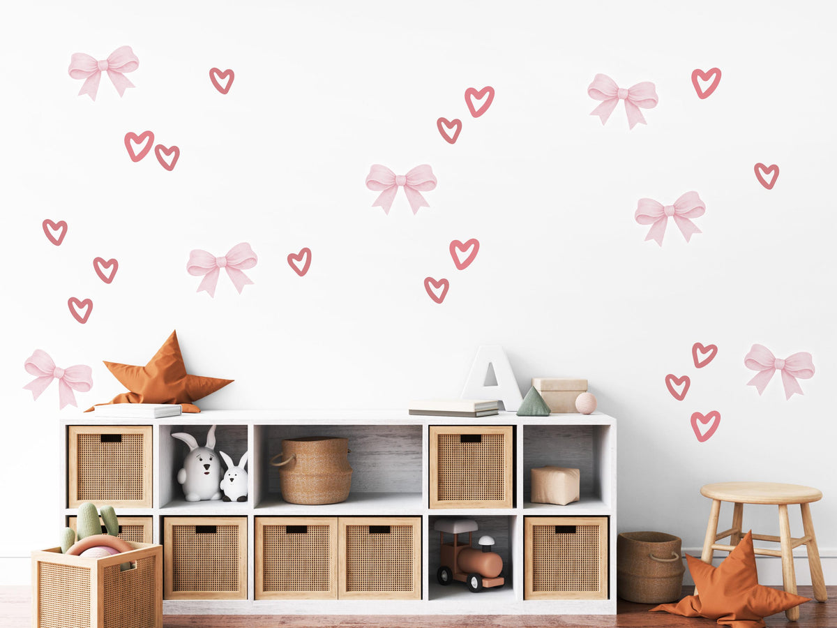 Pink Bow Wall Stickers, Coquette Heart Nursery Decor, Bow and Heart Wall Decals, Girls Room Baby Girl Nursery Peel and Stick Wall Art
