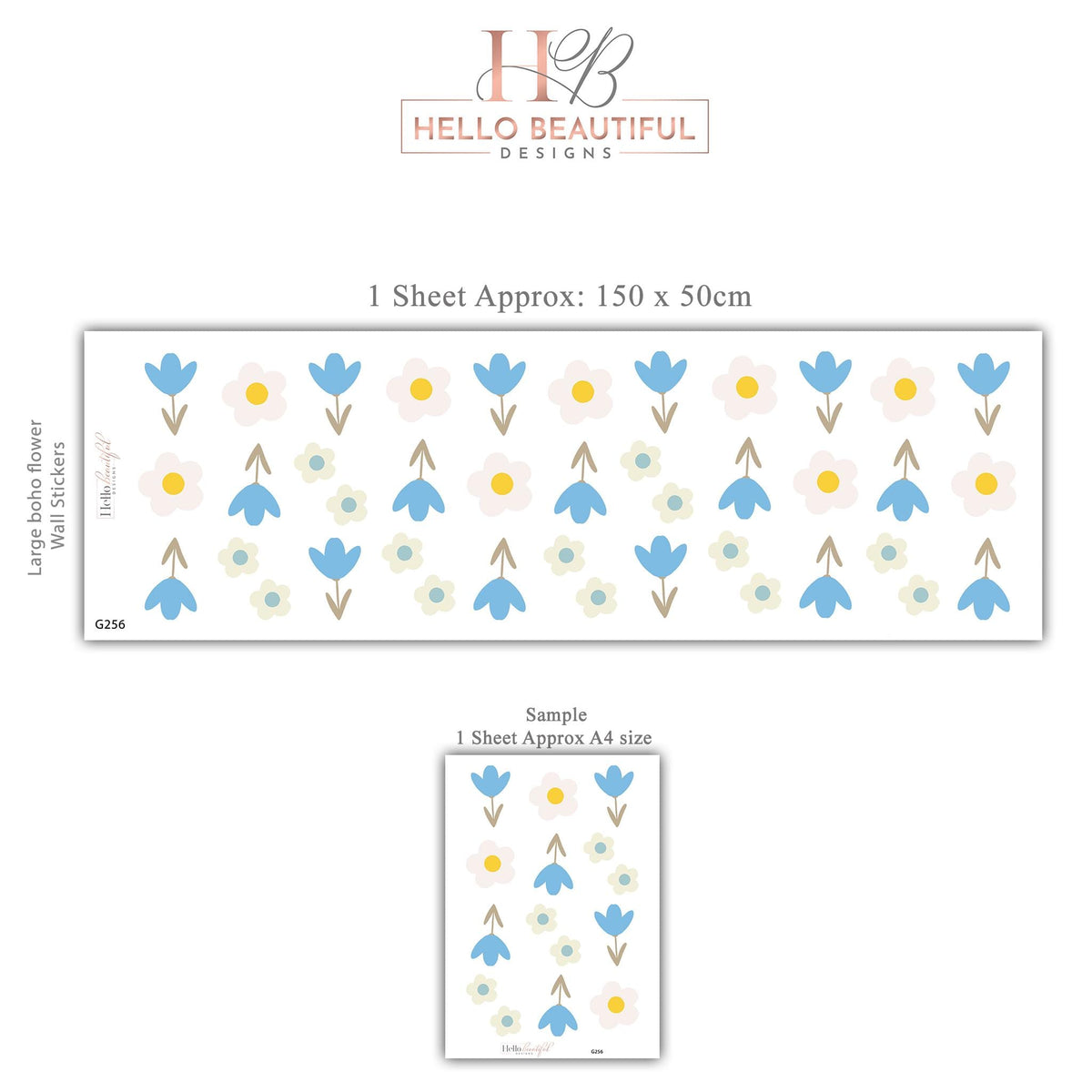 Flower Wall Stickers, Boho Floral Nursery Decor, Blue Tulip Daisy Wall Decals, Scandi Kids Room Baby Neutral Peel and Stick Wall Art