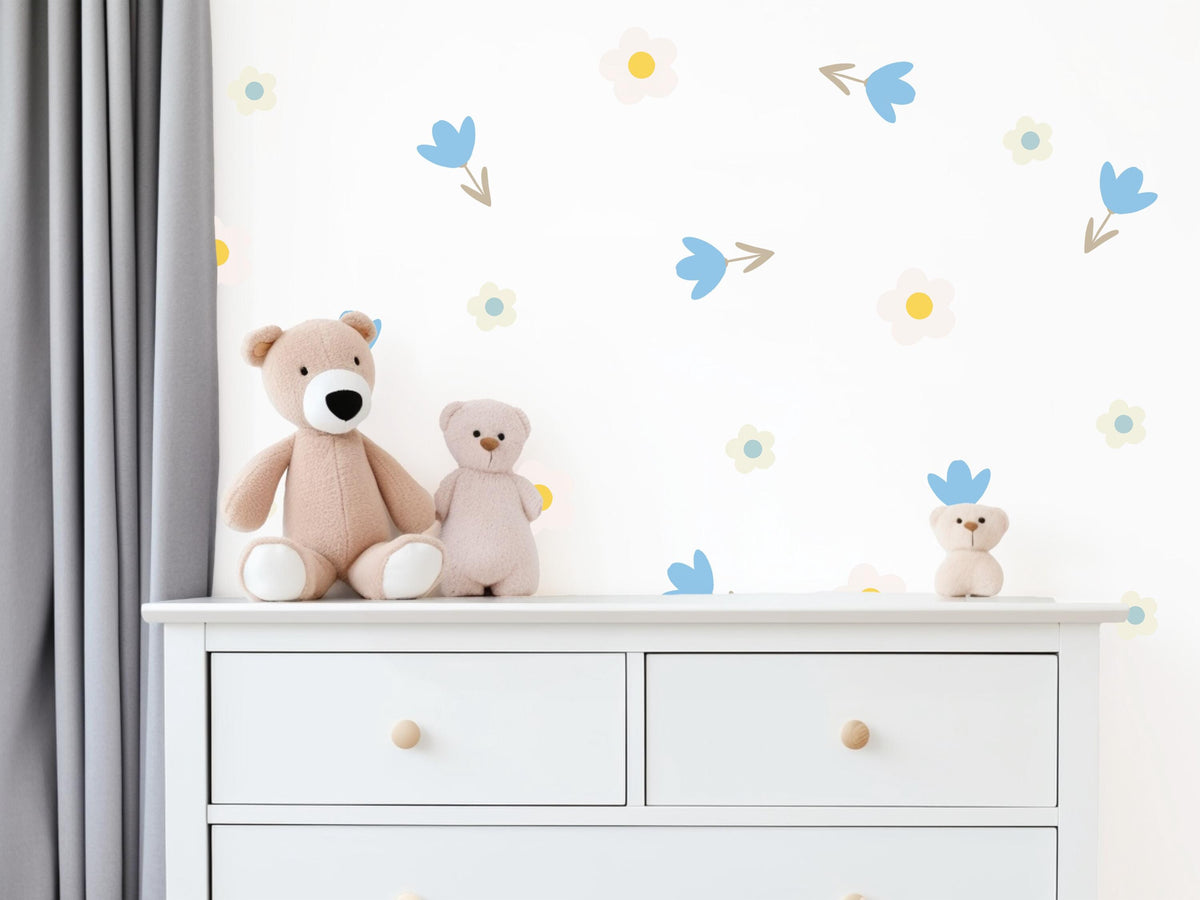 Flower Wall Stickers, Boho Floral Nursery Decor, Blue Tulip Daisy Wall Decals, Scandi Kids Room Baby Neutral Peel and Stick Wall Art