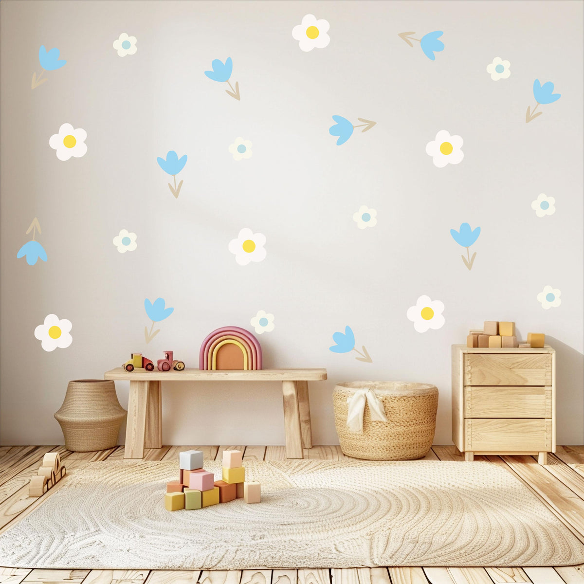 Flower Wall Stickers, Boho Floral Nursery Decor, Blue Tulip Daisy Wall Decals, Scandi Kids Room Baby Neutral Peel and Stick Wall Art