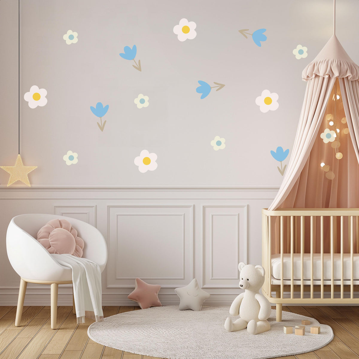 Flower Wall Stickers, Boho Floral Nursery Decor, Blue Tulip Daisy Wall Decals, Scandi Kids Room Baby Neutral Peel and Stick Wall Art