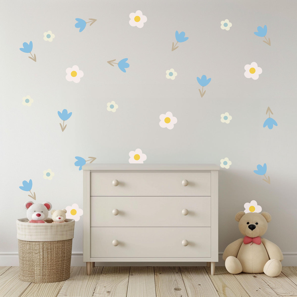Flower Wall Stickers, Boho Floral Nursery Decor, Blue Tulip Daisy Wall Decals, Scandi Kids Room Baby Neutral Peel and Stick Wall Art
