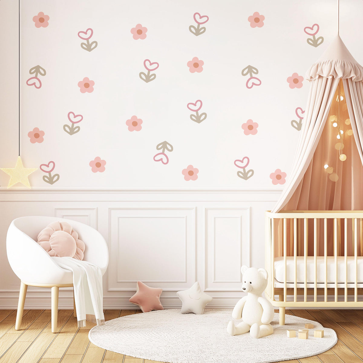 Boho Flower Wall Stickers, Pink Daisy Nursery Decor, Floral Tulip Wall Decals, Girls Room Baby Girl Nursery Peel and Stick Wall Art