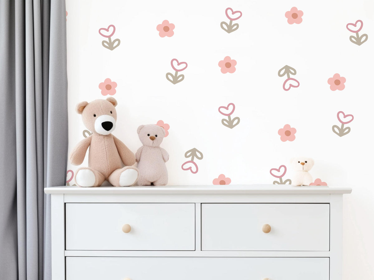 Boho Flower Wall Stickers, Pink Daisy Nursery Decor, Floral Tulip Wall Decals, Girls Room Baby Girl Nursery Peel and Stick Wall Art