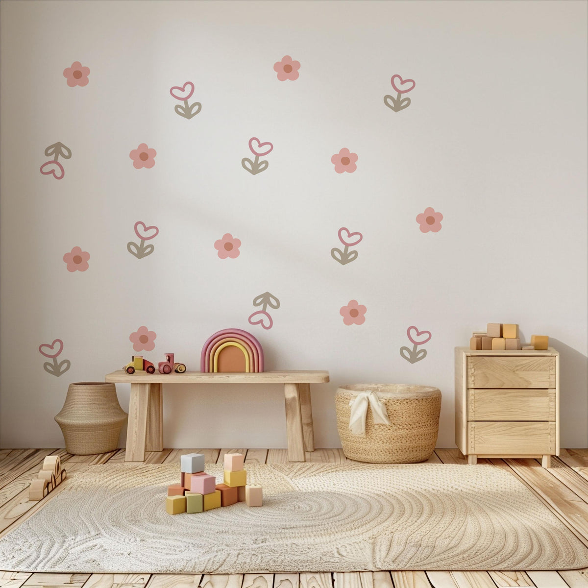 Boho Flower Wall Stickers, Pink Daisy Nursery Decor, Floral Tulip Wall Decals, Girls Room Baby Girl Nursery Peel and Stick Wall Art
