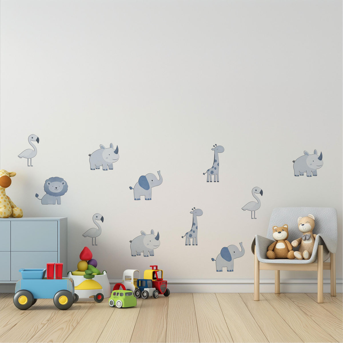 Safari Wall Stickers, Safari Nursery Decor, Blue Grey Jungle Animal Wall Decals, Baby Boy Kids Room Lion Elephant Peel and Stick Art
