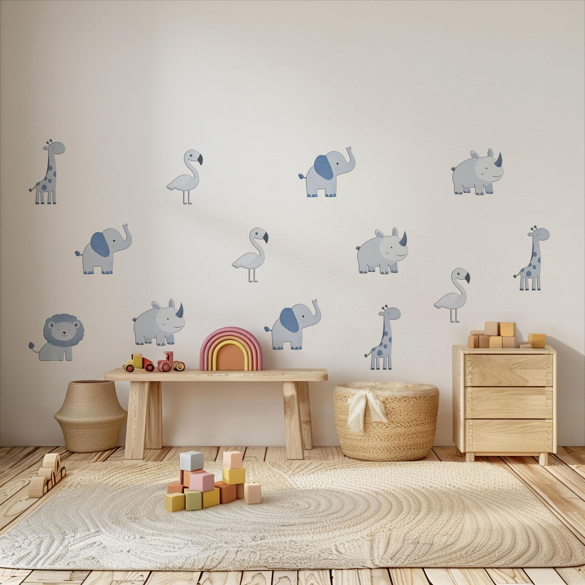 Safari Wall Stickers, Safari Nursery Decor, Blue Grey Jungle Animal Wall Decals, Baby Boy Kids Room Lion Elephant Peel and Stick Art