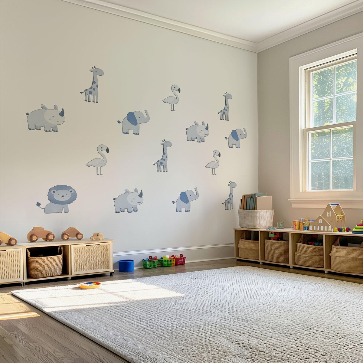 Safari Wall Stickers, Safari Nursery Decor, Blue Grey Jungle Animal Wall Decals, Baby Boy Kids Room Lion Elephant Peel and Stick Art