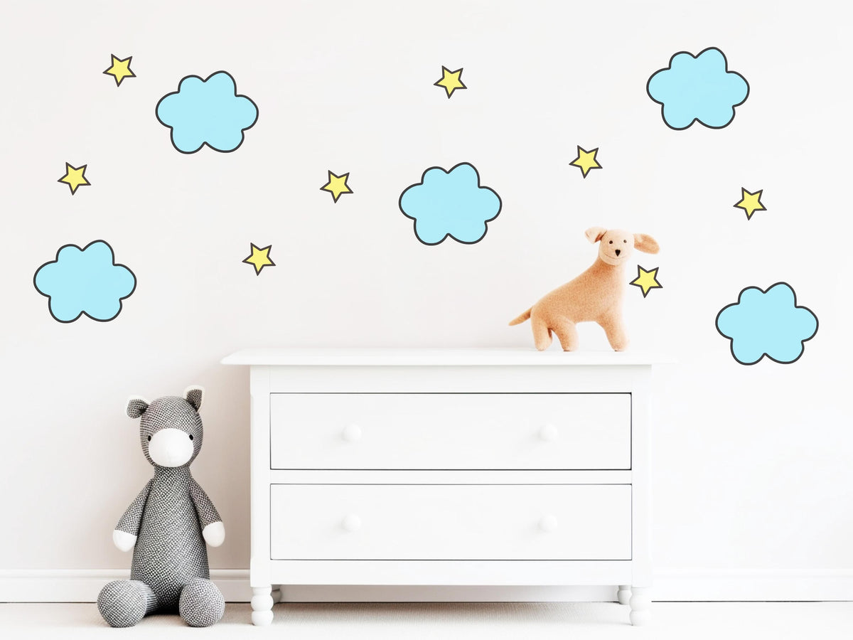 Blue Cloud and Yellow Star Wall Stickers, Baby Boy Nursery Decor, Sky Wall Decals, Ceiling Stickers, Peel and Stick