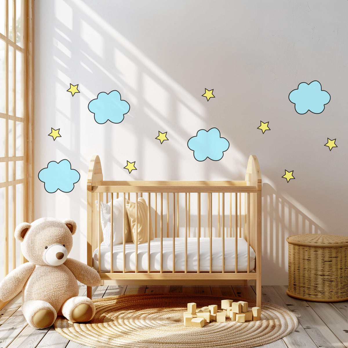 Blue Cloud and Yellow Star Wall Stickers, Baby Boy Nursery Decor, Sky Wall Decals, Ceiling Stickers, Peel and Stick
