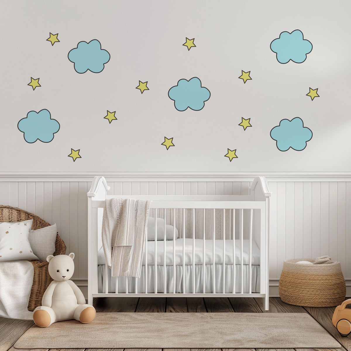 Blue Cloud and Yellow Star Wall Stickers, Baby Boy Nursery Decor, Sky Wall Decals, Ceiling Stickers, Peel and Stick