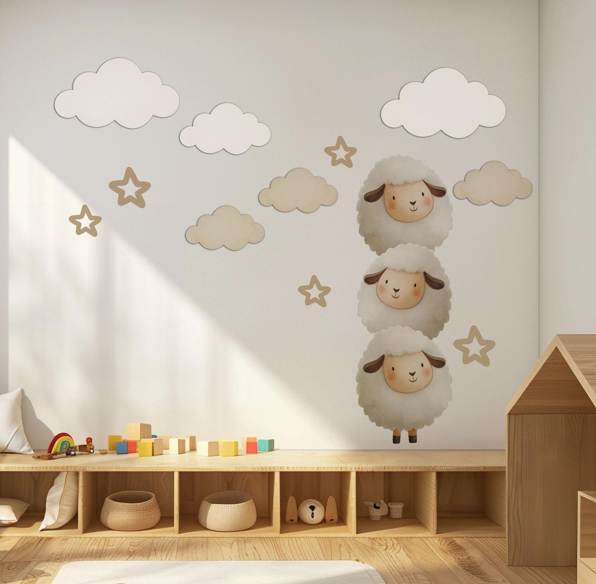 Sheep Wall Stickers, Lamb Nursery Decor, Neutral Cloud Star Wall Decals, Counting Sheep Kids Room Baby Nursery Peel and Stick Art