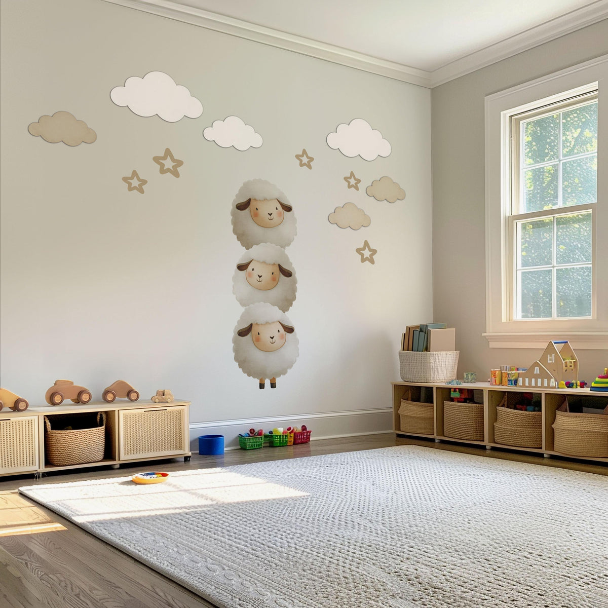 Sheep Wall Stickers, Lamb Nursery Decor, Neutral Cloud Star Wall Decals, Counting Sheep Kids Room Baby Nursery Peel and Stick Art