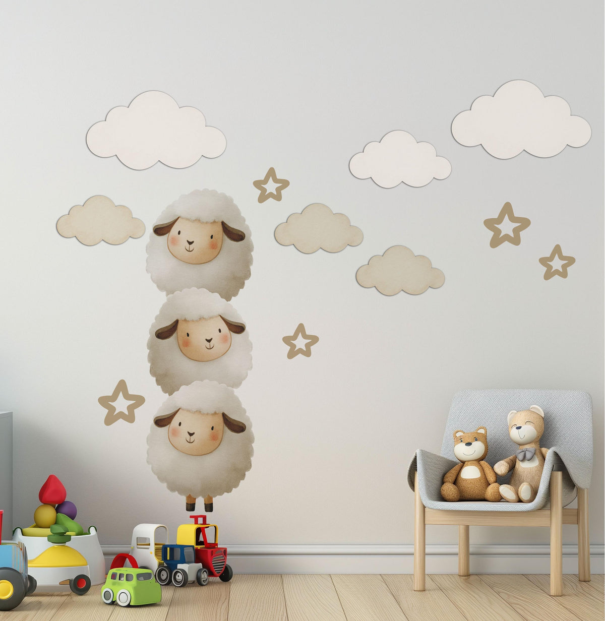 Sheep Wall Stickers, Lamb Nursery Decor, Neutral Cloud Star Wall Decals, Counting Sheep Kids Room Baby Nursery Peel and Stick Art