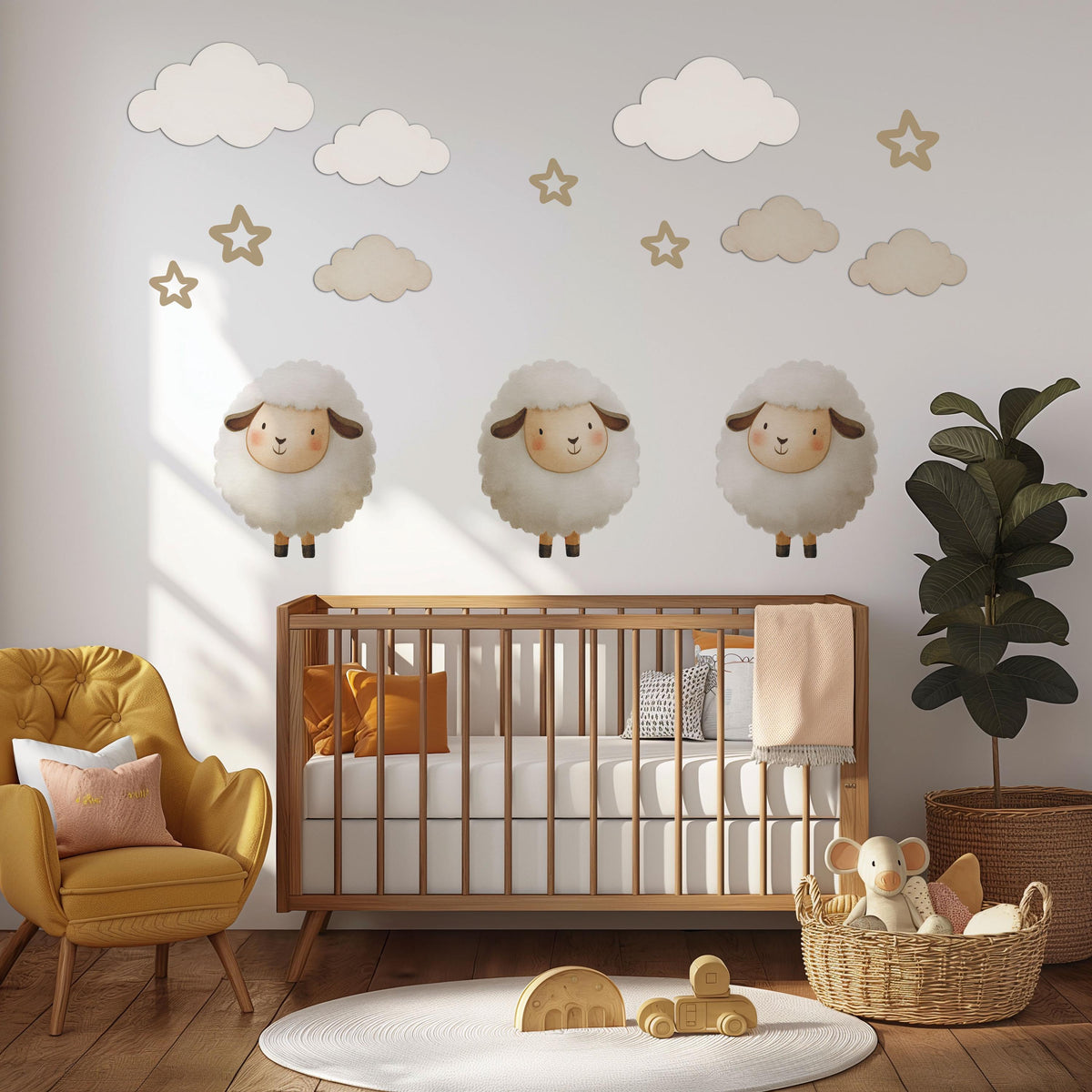 Sheep Wall Stickers, Lamb Nursery Decor, Neutral Cloud Star Wall Decals, Counting Sheep Kids Room Baby Nursery Peel and Stick Art
