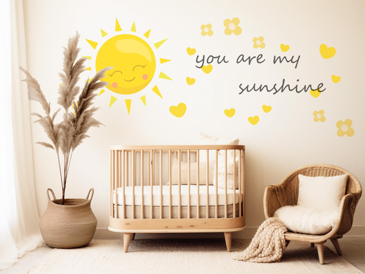You Are My Sunshine Wall Sticker, Sunshine Nursery Decor, Sun Heart Flower Quote Wall Decals, Kids Room Baby Nursery Peel and Stick Art