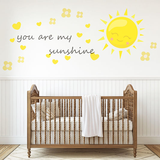 You Are My Sunshine Wall Sticker, Sunshine Nursery Decor, Sun Heart Flower Quote Wall Decals, Kids Room Baby Nursery Peel and Stick Art
