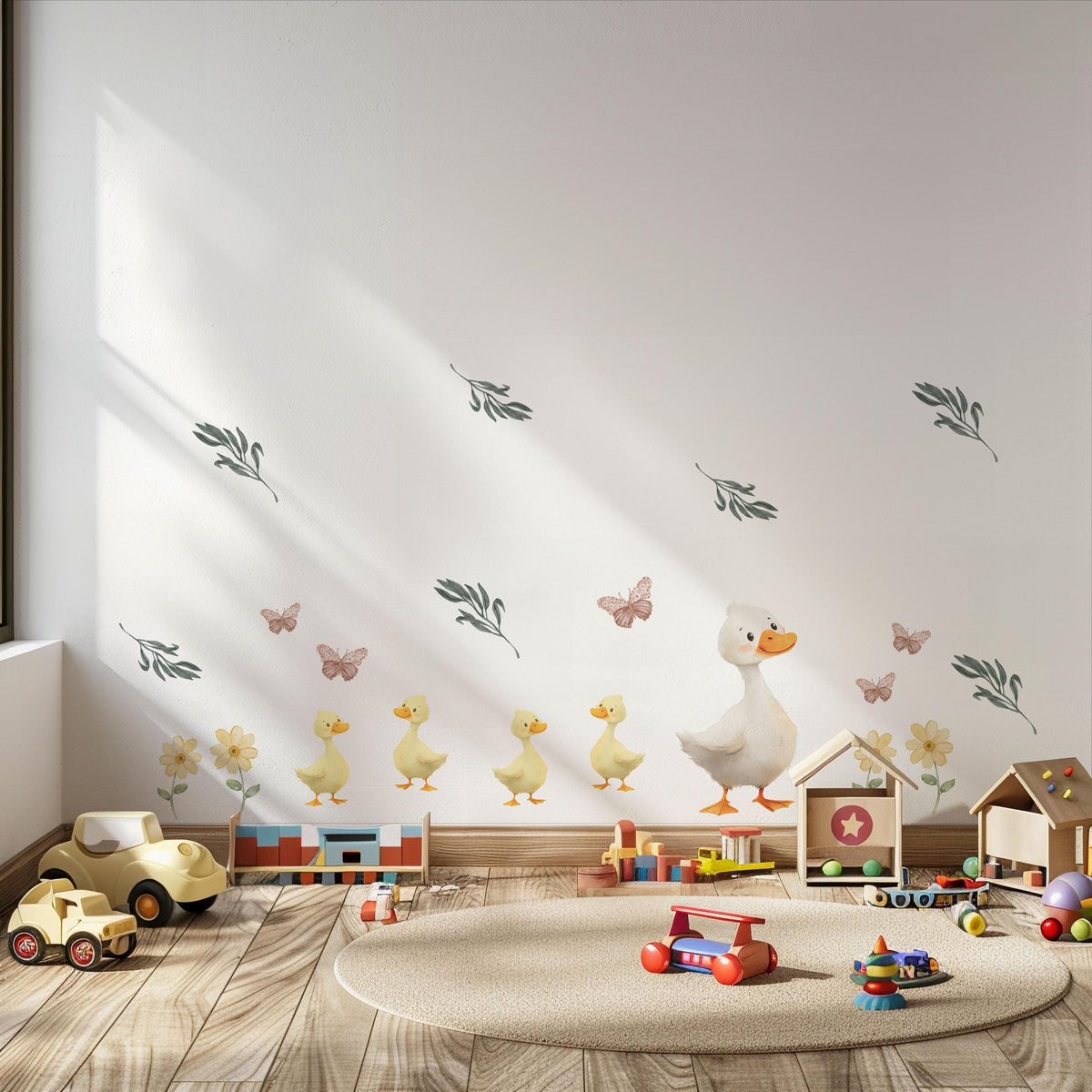 Duck Wall Stickers, Duck Nursery Decor, Duckling Daisy Butterfly Wall Decals, Neutral Farmhouse Kids Room Baby Nursery Peel and Stick Art