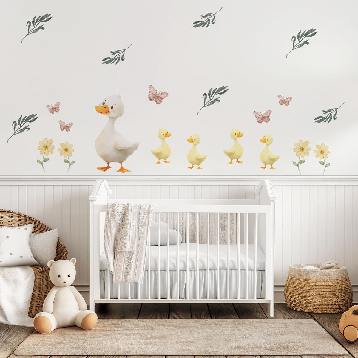 Duck Wall Stickers, Duck Nursery Decor, Duckling Daisy Butterfly Wall Decals, Neutral Farmhouse Kids Room Baby Nursery Peel and Stick Art