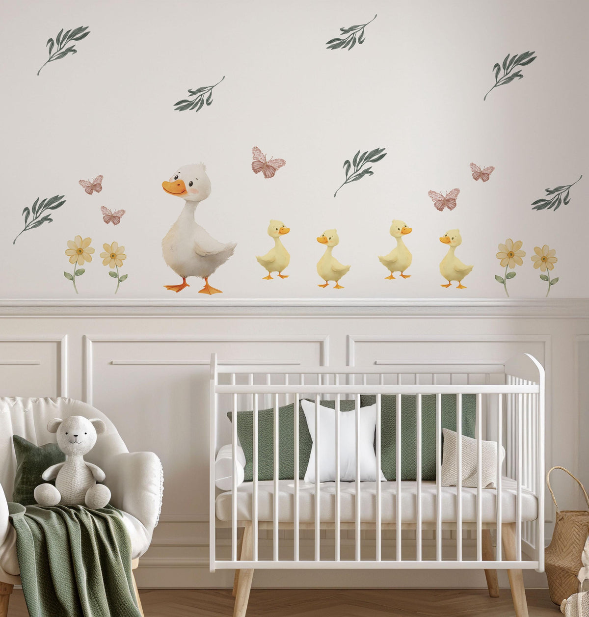 Duck Wall Stickers, Duck Nursery Decor, Duckling Daisy Butterfly Wall Decals, Neutral Farmhouse Kids Room Baby Nursery Peel and Stick Art