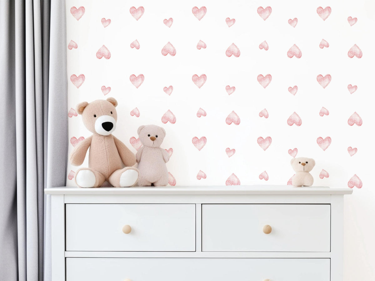 Pink Heart Wall Stickers, Girls Nursery Decor, Watercolour Boho Heart Wall Decals, Baby Girl Kids Bedroom Playroom Peel and Stick Art