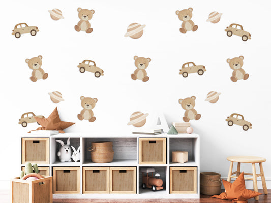 Teddy Bear Wall Stickers, Teddy Bear Nursery Decor, Neutral Space Car Planet Wall Decals, Boys Kids Room Baby Nursery Peel and Stick Art
