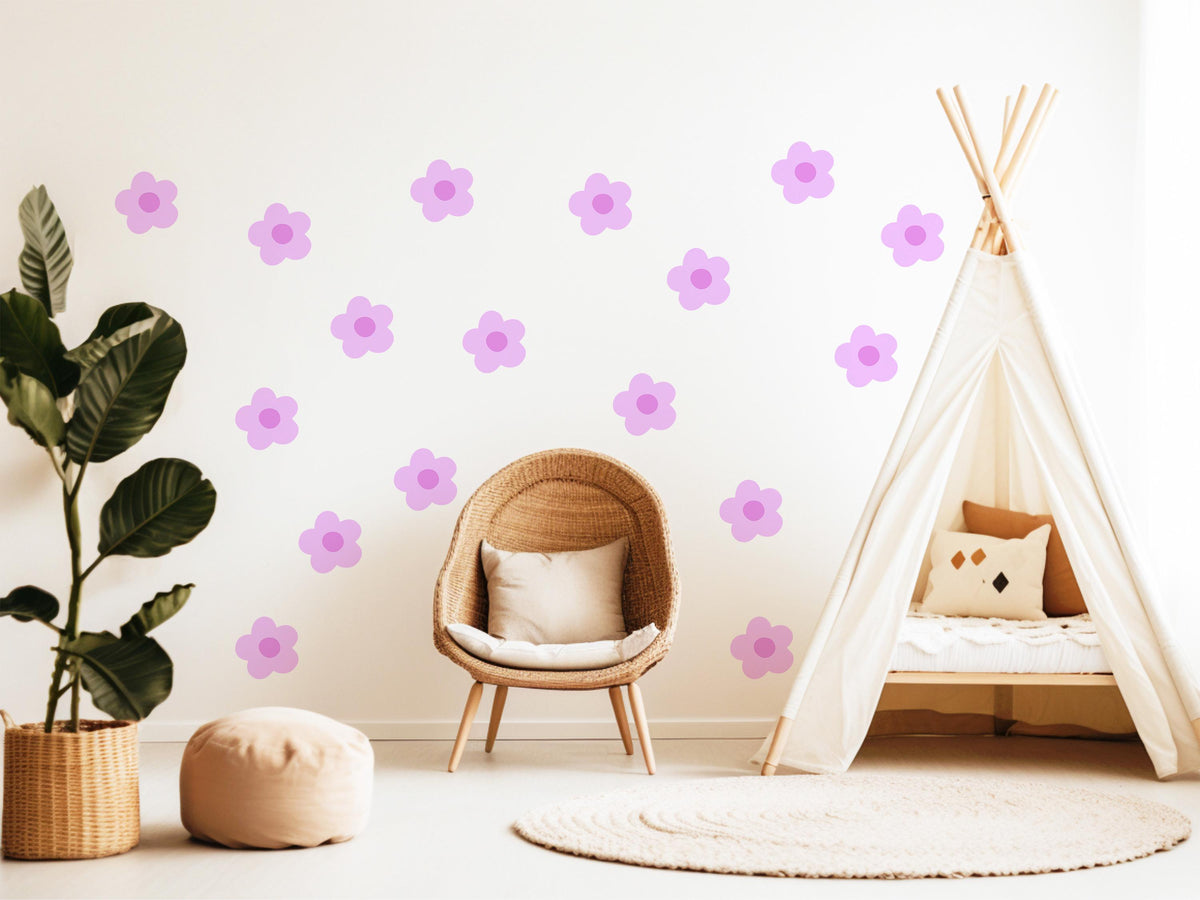 Daisy Wall Stickers, Retro Flower Wall Decals, Purple Lilac Floral Nursery Decor, Girls Room Kids Bedroom Peel and Stick Wall Art