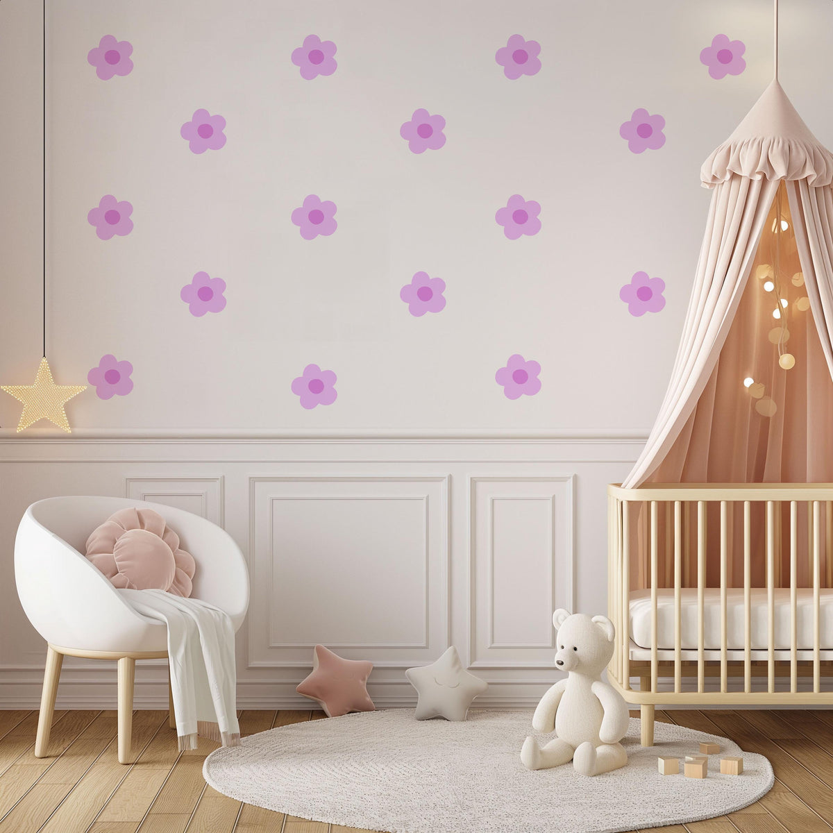 Daisy Wall Stickers, Retro Flower Wall Decals, Purple Lilac Floral Nursery Decor, Girls Room Kids Bedroom Peel and Stick Wall Art