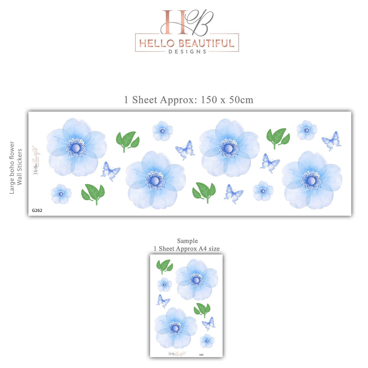 Blue Flower Wall Stickers, Watercolour Floral Nursery Decor, Blue Butterfly Wall Decals, Girls Kids Room Bedroom Peel and Stick Wall Art