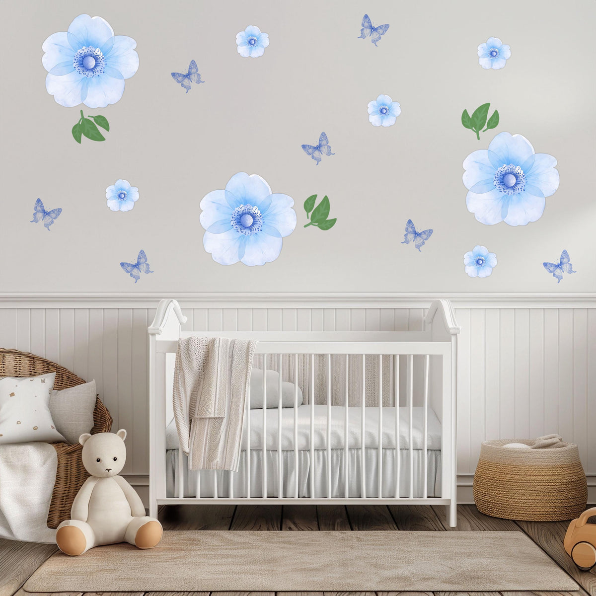 Blue Flower Wall Stickers, Watercolour Floral Nursery Decor, Blue Butterfly Wall Decals, Girls Kids Room Bedroom Peel and Stick Wall Art
