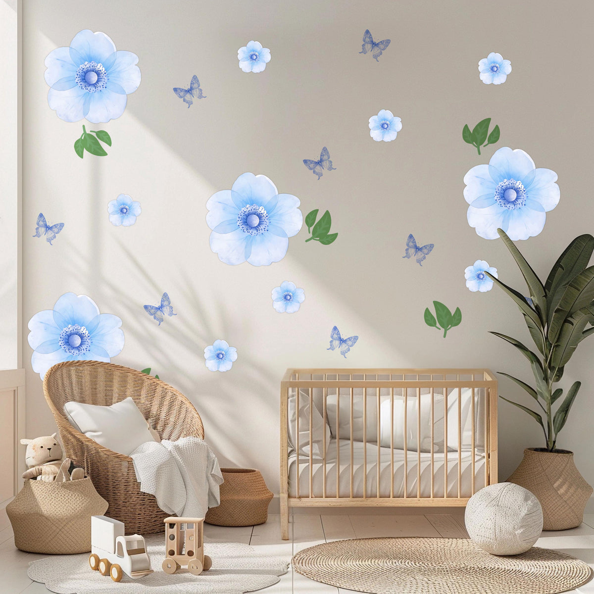 Blue Flower Wall Stickers, Watercolour Floral Nursery Decor, Blue Butterfly Wall Decals, Girls Kids Room Bedroom Peel and Stick Wall Art