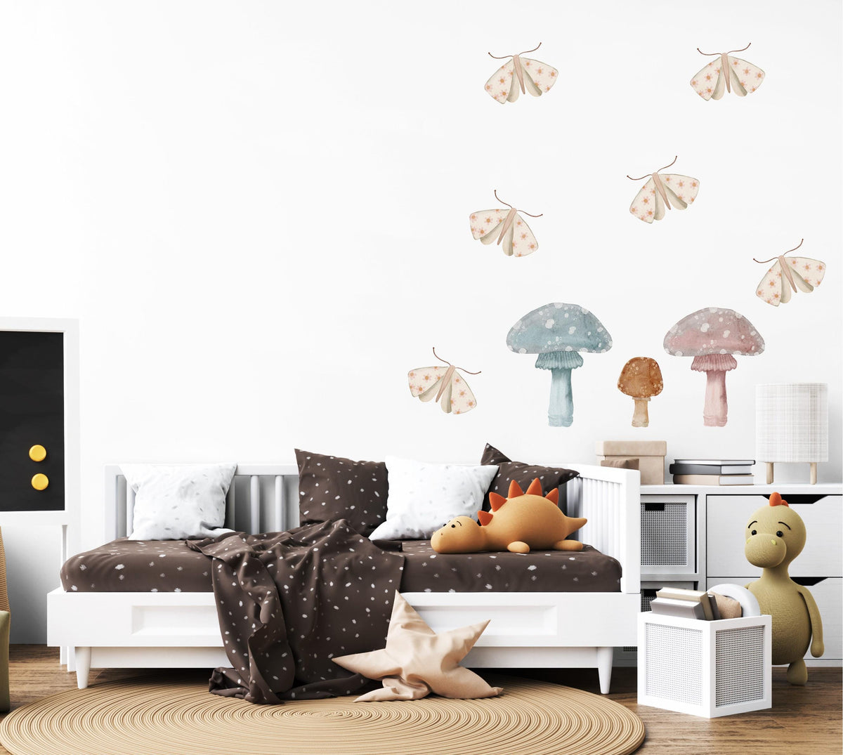 Mushroom Wall Stickers, Boho Woodland Nursery Decor, Muted Mushroom Moth Wall Decals, Kids Room Gender Neutral Baby Peel and Stick Art