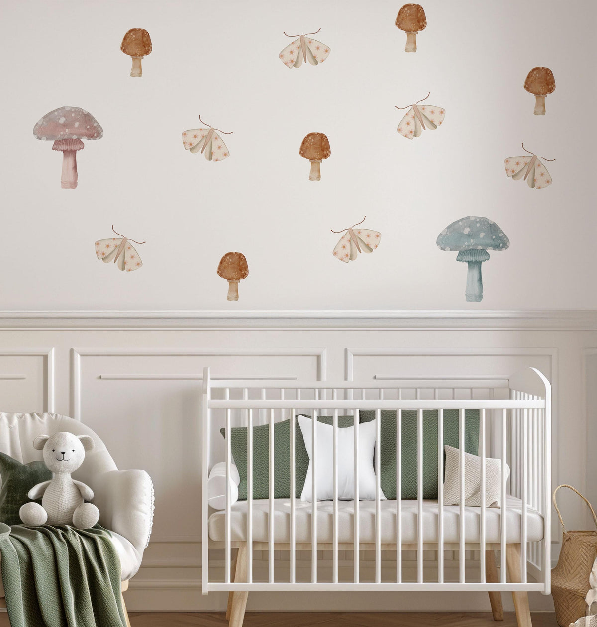 Mushroom Wall Stickers, Boho Woodland Nursery Decor, Muted Mushroom Moth Wall Decals, Kids Room Gender Neutral Baby Peel and Stick Art