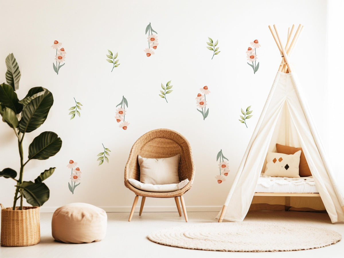 Wildflower Wall Stickers, Daisy Nursery Decor, Boho Floral Leaf Wall Decals, Girls Kids Room Baby Neutral Peel and Stick Wall Art