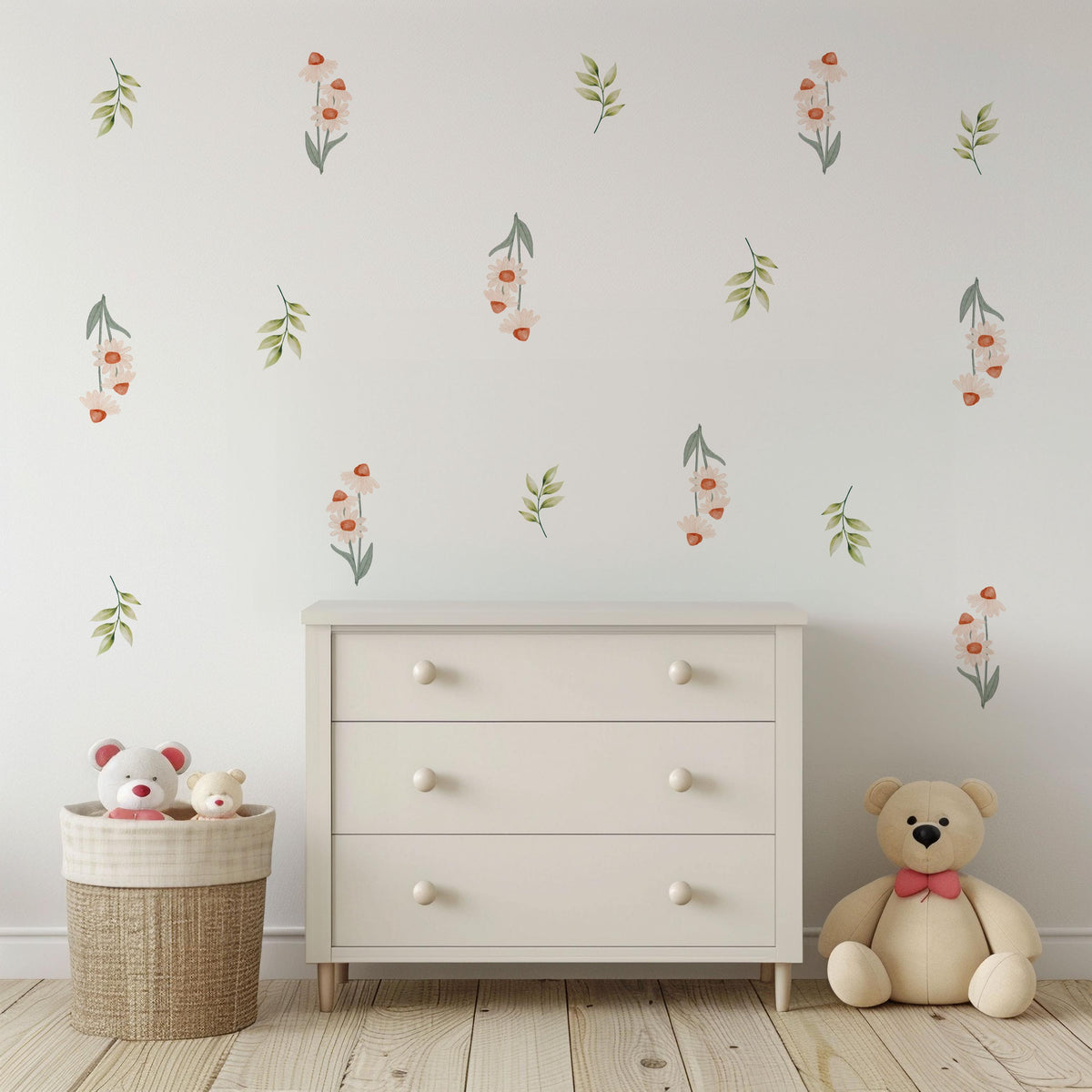 Wildflower Wall Stickers, Daisy Nursery Decor, Boho Floral Leaf Wall Decals, Girls Kids Room Baby Neutral Peel and Stick Wall Art