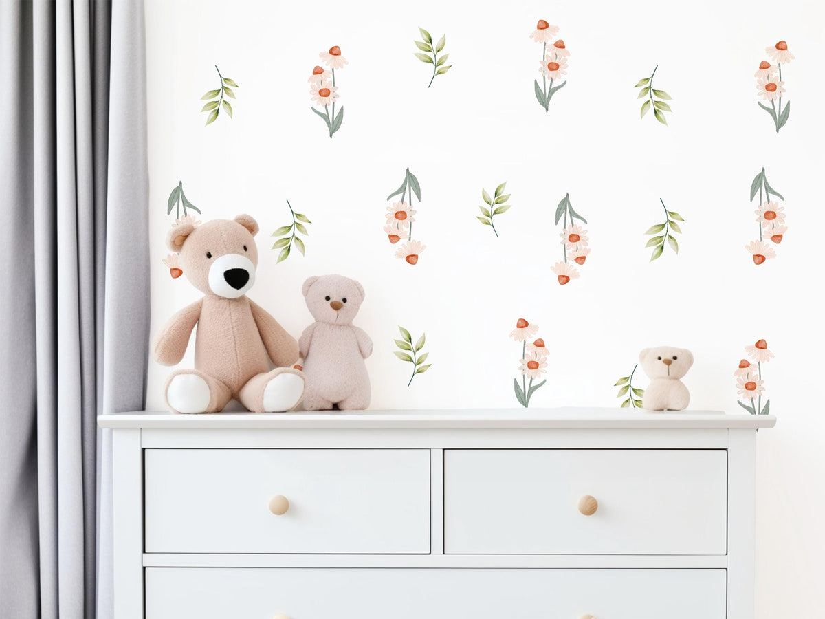 Wildflower Wall Stickers, Daisy Nursery Decor, Boho Floral Leaf Wall Decals, Girls Kids Room Baby Neutral Peel and Stick Wall Art