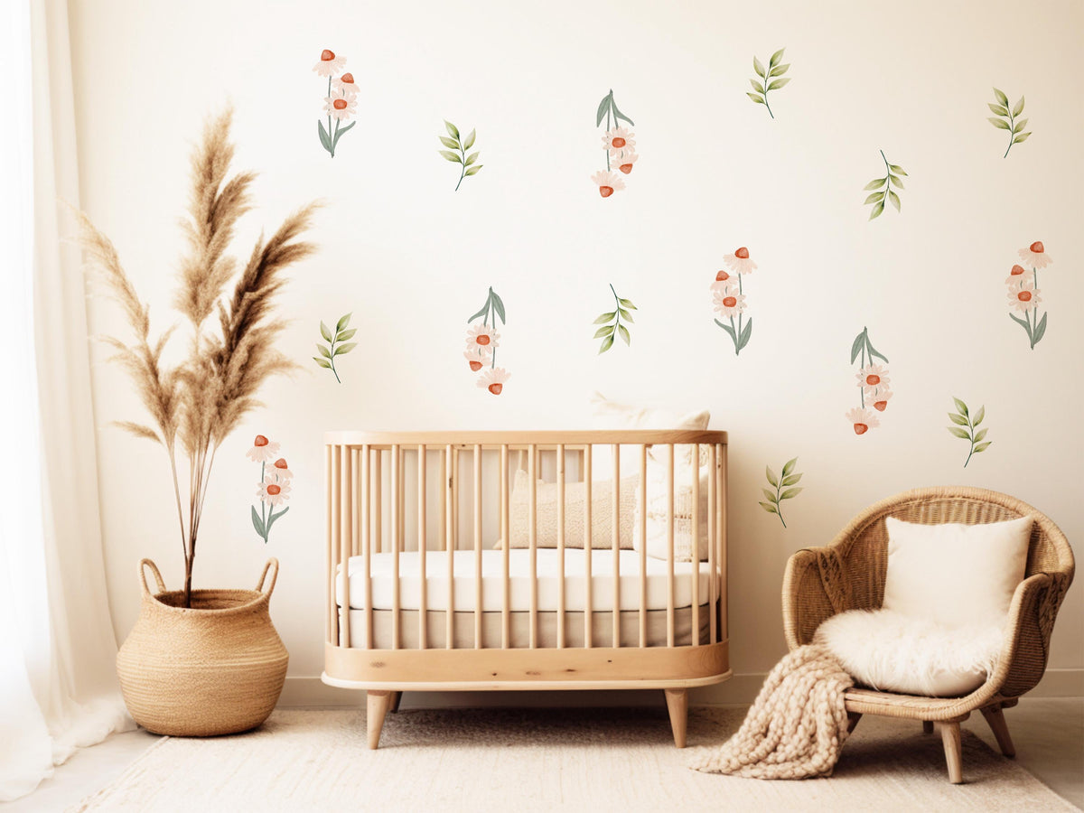 Wildflower Wall Stickers, Daisy Nursery Decor, Boho Floral Leaf Wall Decals, Girls Kids Room Baby Neutral Peel and Stick Wall Art