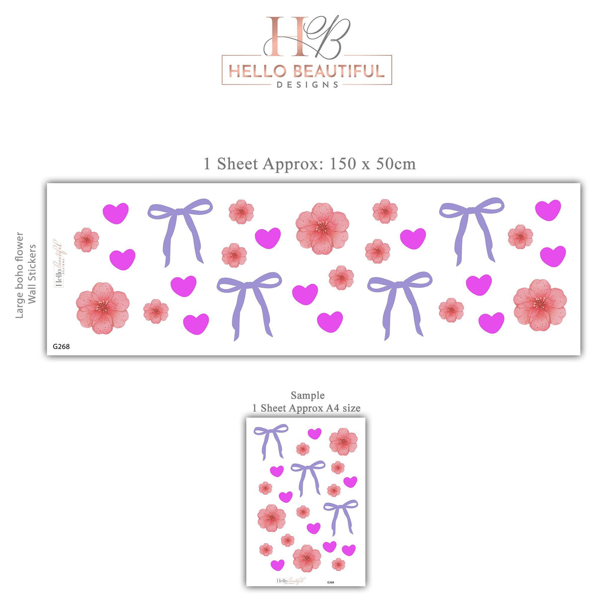 Bow Wall Stickers, Coquette Blossom Heart Nursery Decor, Pink Flower Purple Bow Wall Decals, Girls Room Baby Girl Peel and Stick Art