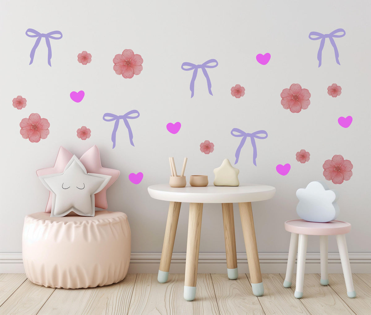 Bow Wall Stickers, Coquette Blossom Heart Nursery Decor, Pink Flower Purple Bow Wall Decals, Girls Room Baby Girl Peel and Stick Art
