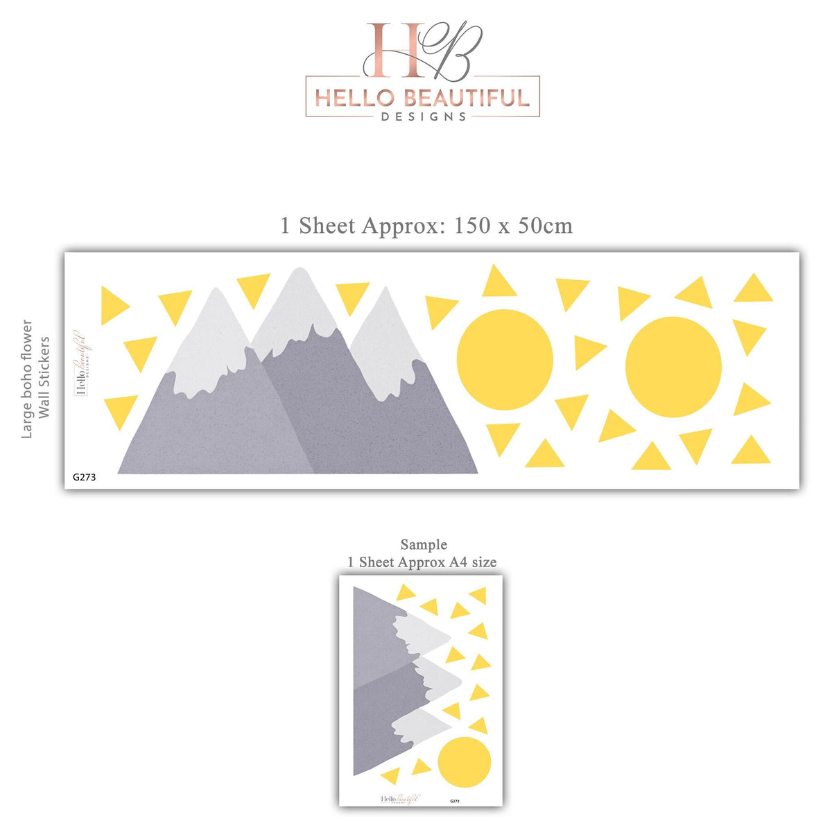 Mountain Wall Stickers, Adventure Nursery Decor, Grey Mountain Sun Wall Decals, Scandi Boys Kids Room Baby Peel and Stick Wall Art