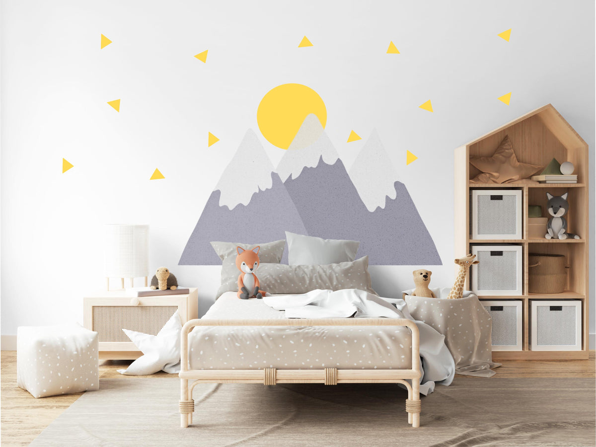 Mountain Wall Stickers, Adventure Nursery Decor, Grey Mountain Sun Wall Decals, Scandi Boys Kids Room Baby Peel and Stick Wall Art
