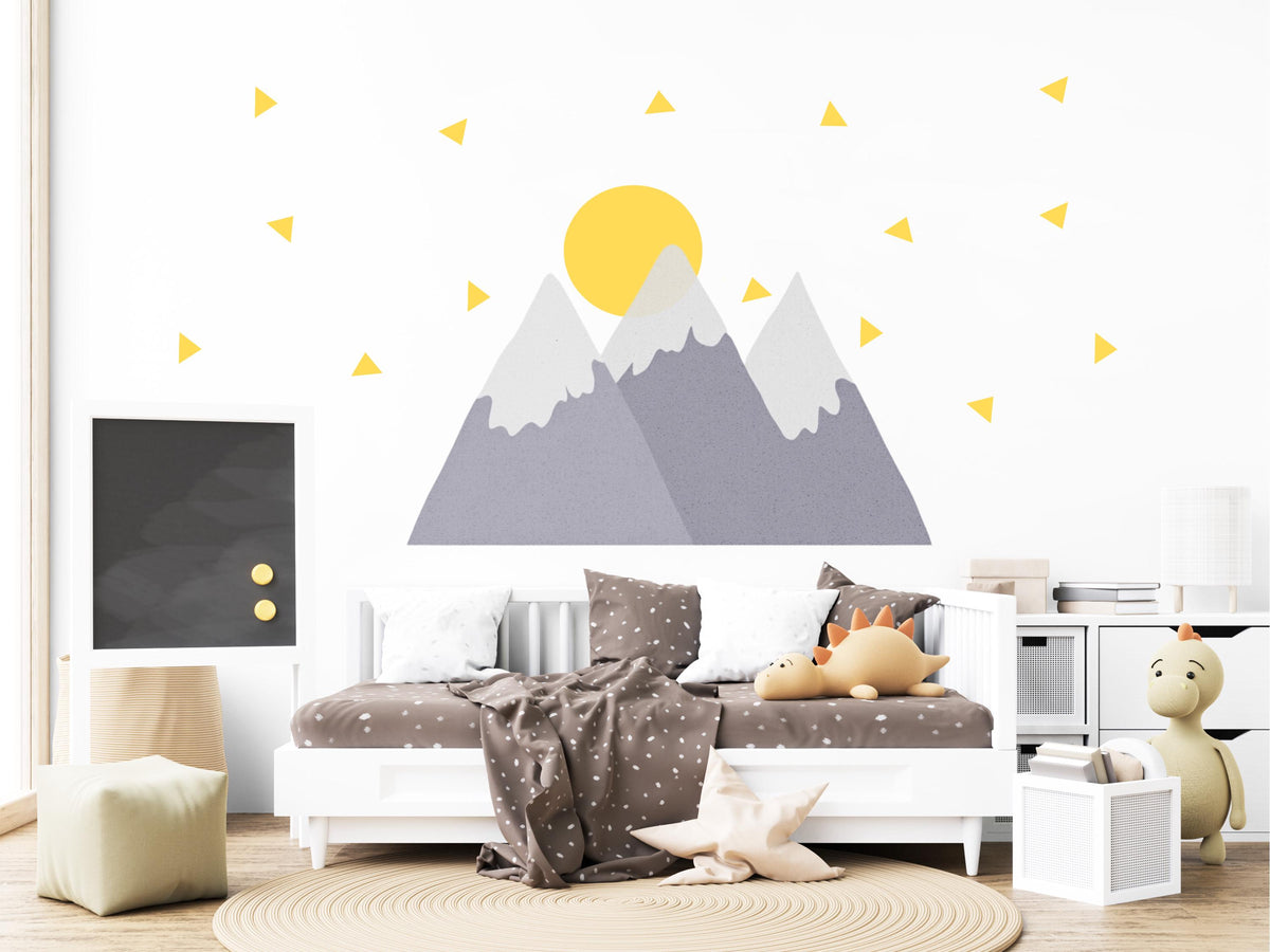 Mountain Wall Stickers, Adventure Nursery Decor, Grey Mountain Sun Wall Decals, Scandi Boys Kids Room Baby Peel and Stick Wall Art