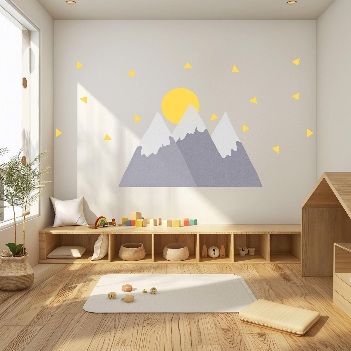Mountain Wall Stickers, Adventure Nursery Decor, Grey Mountain Sun Wall Decals, Scandi Boys Kids Room Baby Peel and Stick Wall Art
