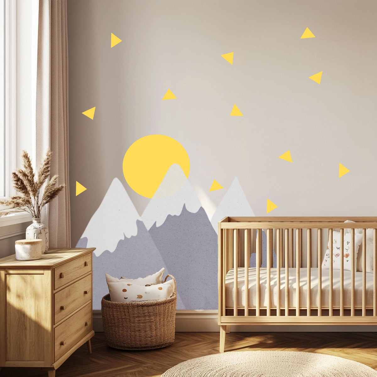 Mountain Wall Stickers, Adventure Nursery Decor, Grey Mountain Sun Wall Decals, Scandi Boys Kids Room Baby Peel and Stick Wall Art