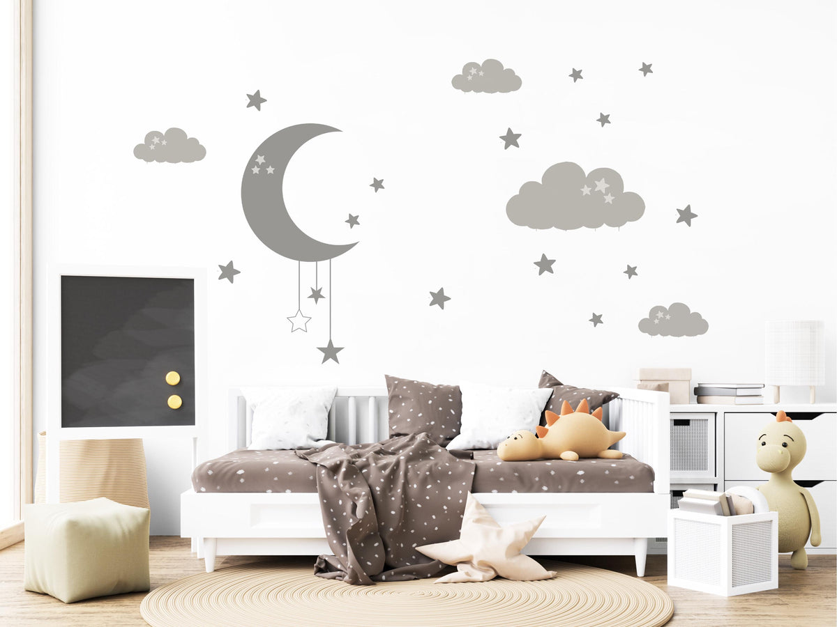 Moon and Stars Wall Stickers, Cloud Nursery Decor, Grey Celestial Wall Decals, Gender Neutral Kids Room Baby Peel and Stick Wall Art