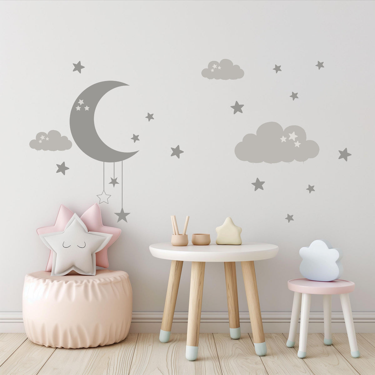 Moon and Stars Wall Stickers, Cloud Nursery Decor, Grey Celestial Wall Decals, Gender Neutral Kids Room Baby Peel and Stick Wall Art