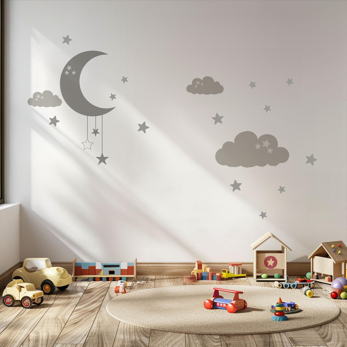 Moon and Stars Wall Stickers, Cloud Nursery Decor, Grey Celestial Wall Decals, Gender Neutral Kids Room Baby Peel and Stick Wall Art