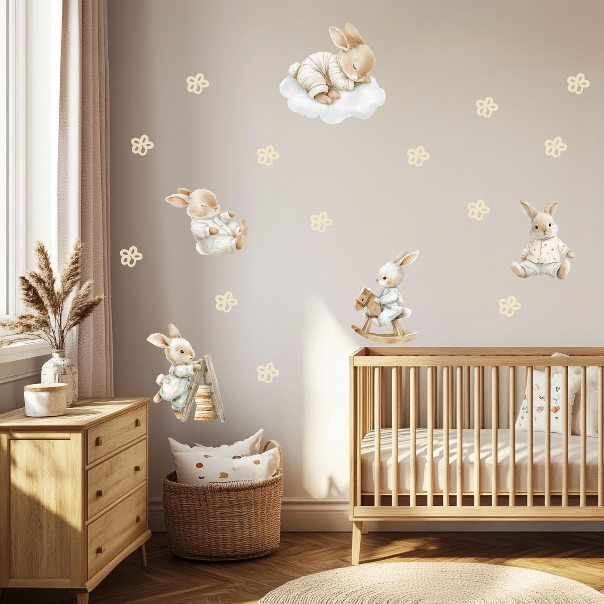 Bunny Wall Stickers, Vintage Bunny Nursery Decor, Sleepy Rabbit Cloud Wall Decals, Neutral Kids Room Baby Peel and Stick Wall Art
