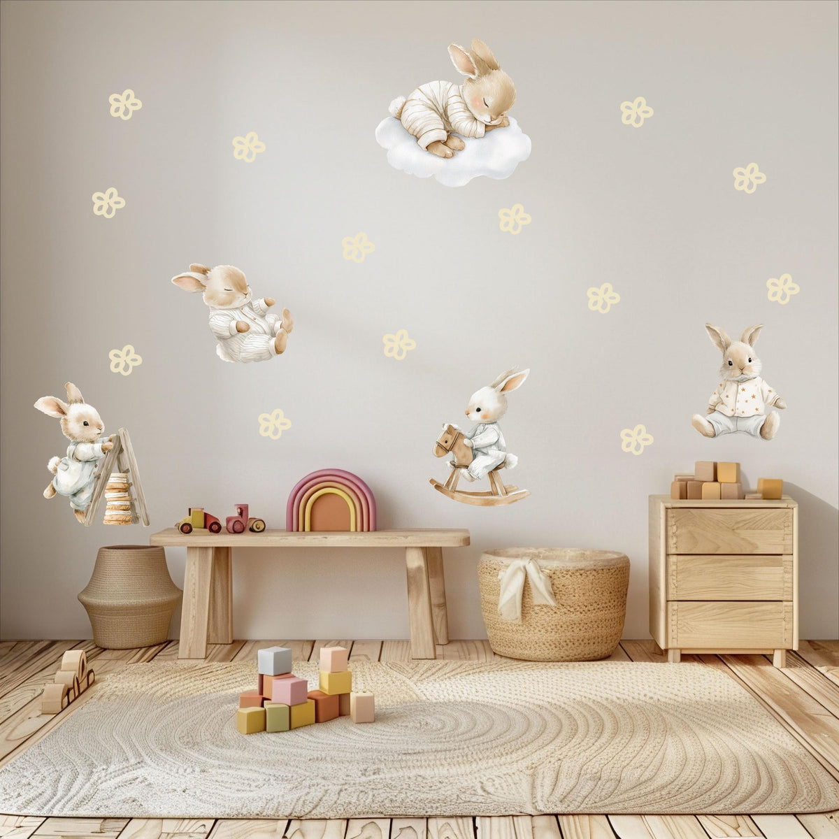 Bunny Wall Stickers, Vintage Bunny Nursery Decor, Sleepy Rabbit Cloud Wall Decals, Neutral Kids Room Baby Peel and Stick Wall Art